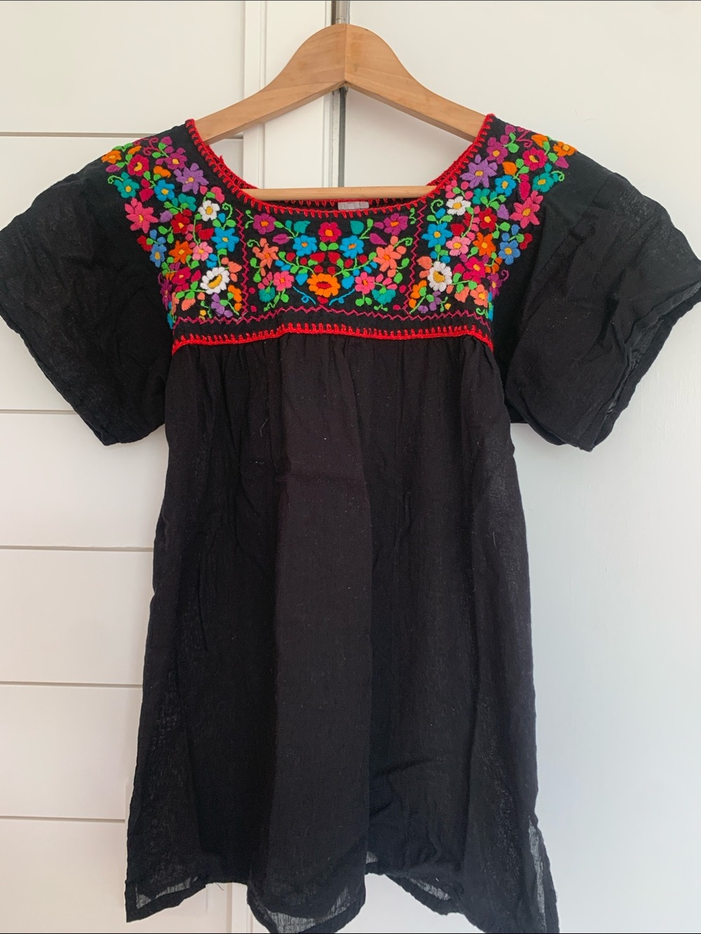 Embroidered Black Mexican Dress Boho Women's Top - Colorful Floral Yoke